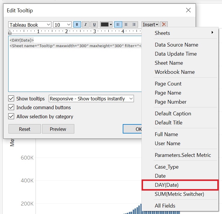 The "Edit Tooltip" window with the Insert dropdown menu selected. The menu item "DAY(Date)" is highlighted.