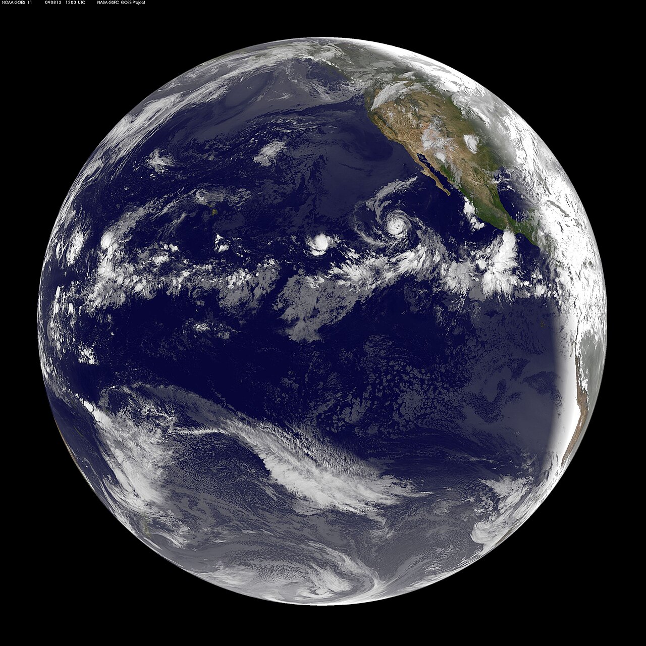 a "full-disk" image of the Earth taken by GOES-11. In the image, north of the equator, you can see where GOES-11 captured all four tropical areas in the Pacific on Aug. 13 at 8 a.m. 