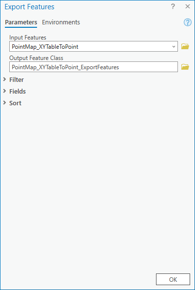 Export features tool with the inputs and outputs set