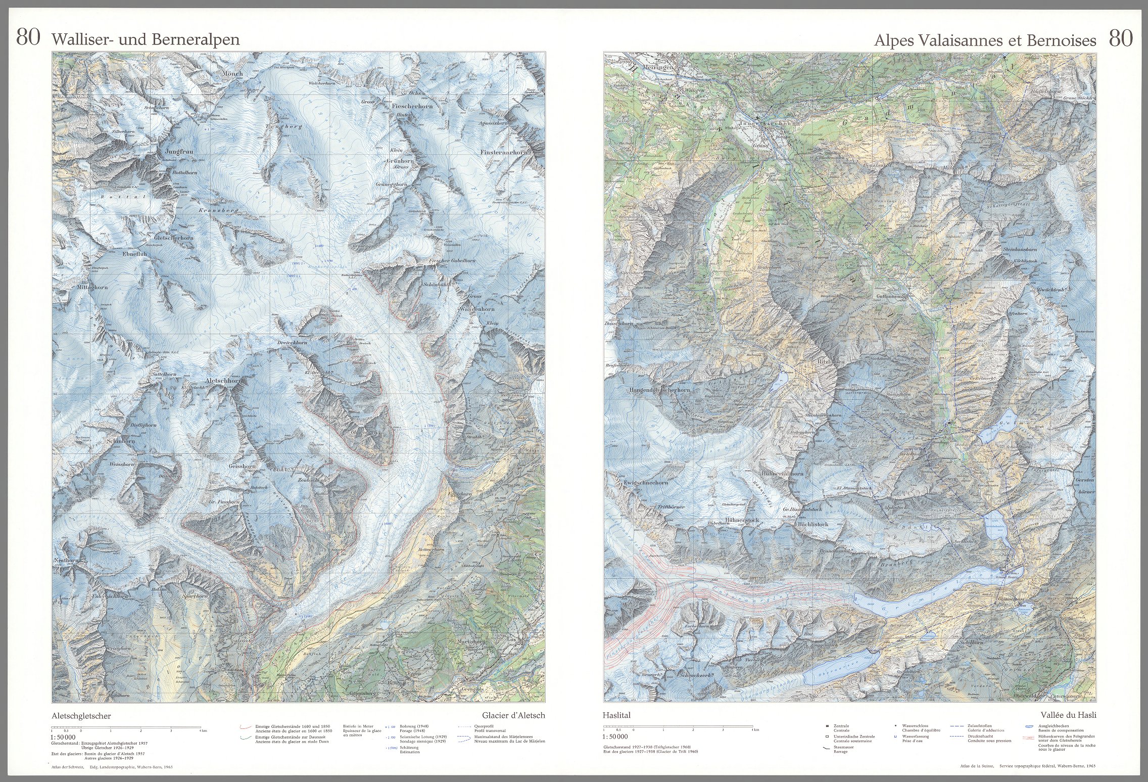 Two Imhof maps with peaks and glaciers in the Alps