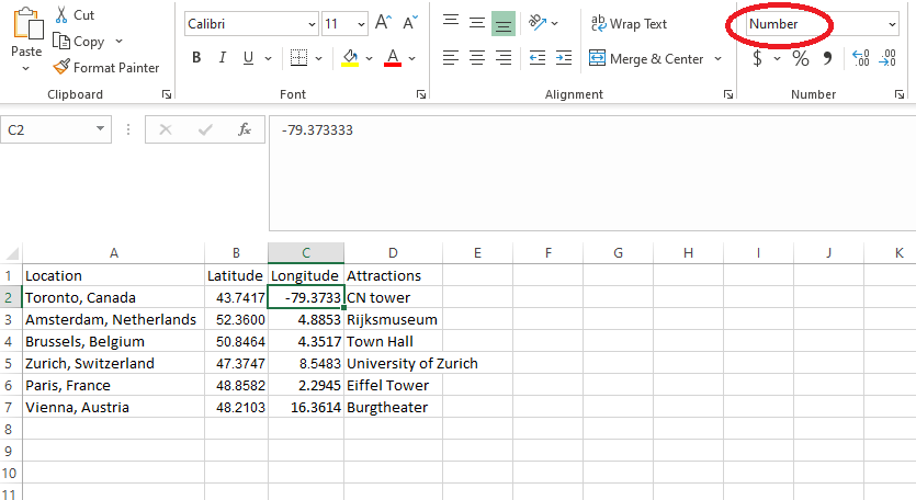 overview of making sure that the cell C2's (column longitude) is set to the Number data type