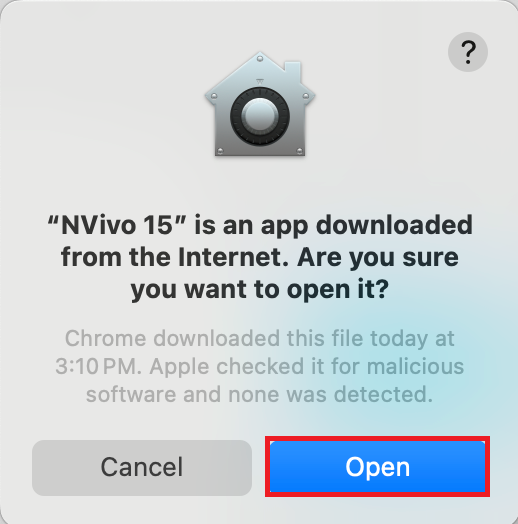 Confirm NVivo15 opening, with Open highlighted