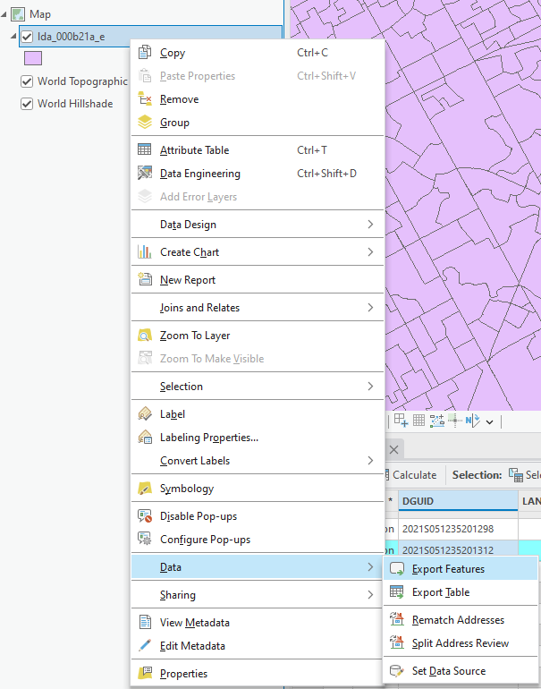 Popup menu after right clicking on the feature layer, Data, export features is highlighted