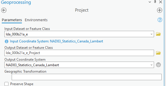 The geoprocessing tab with boxes filled in