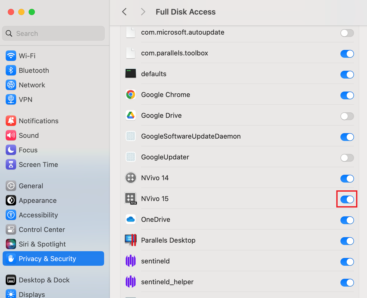 NVivo 15 toggle highlighted in on position for full disk access