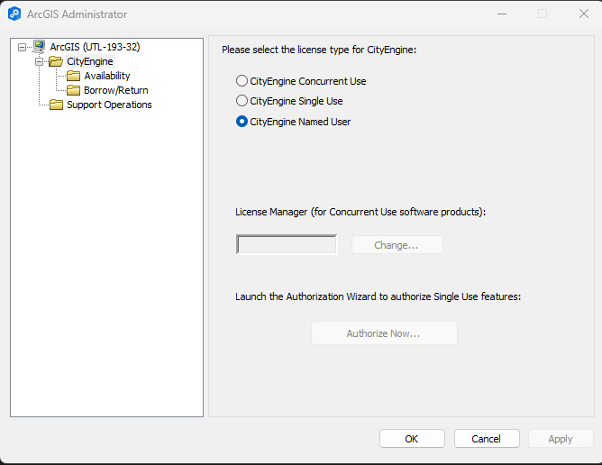 ArcGIS Administrator should launch. If it doesn't, launch it from the Windows Start Menu. Make sure the license type is set to CityEngine Named User. Click OK.