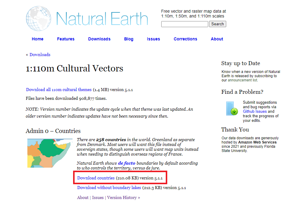 Screenshot highlighting where to download the countries vector layers from the Natural Earth website.