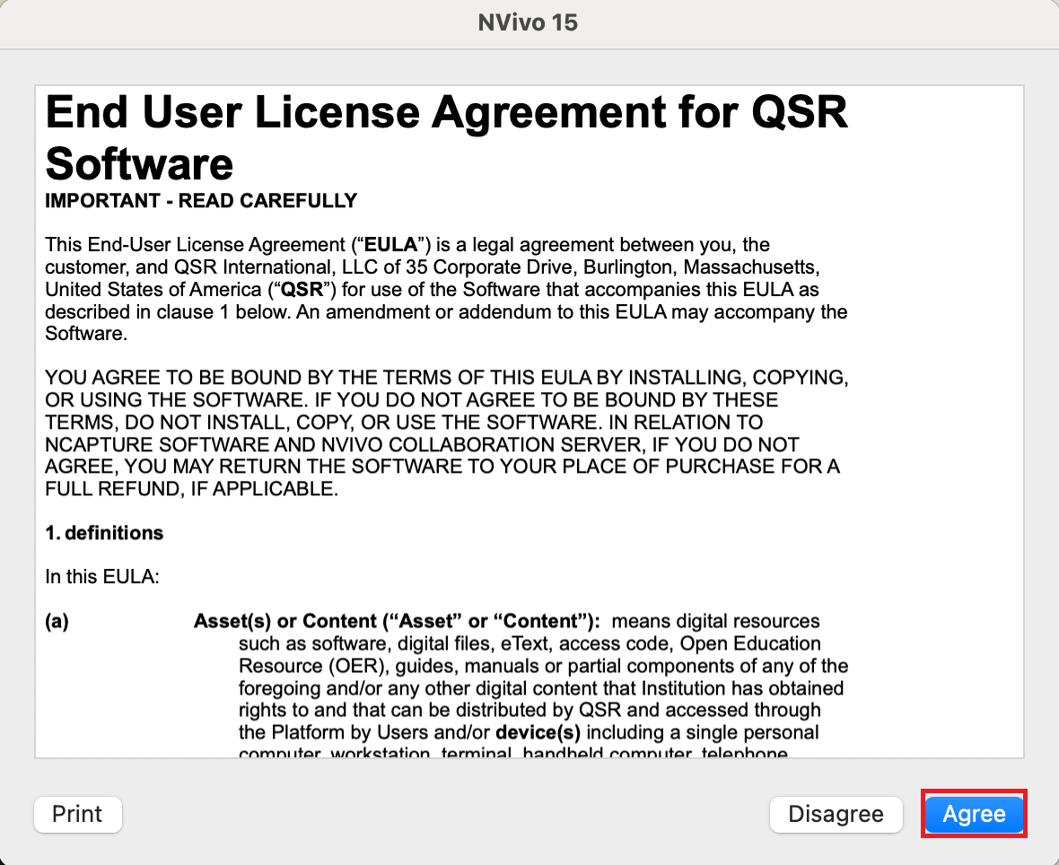 NVivo Installer with License Agreement and I accept terms of agreement highlighted and Agree highlighted 