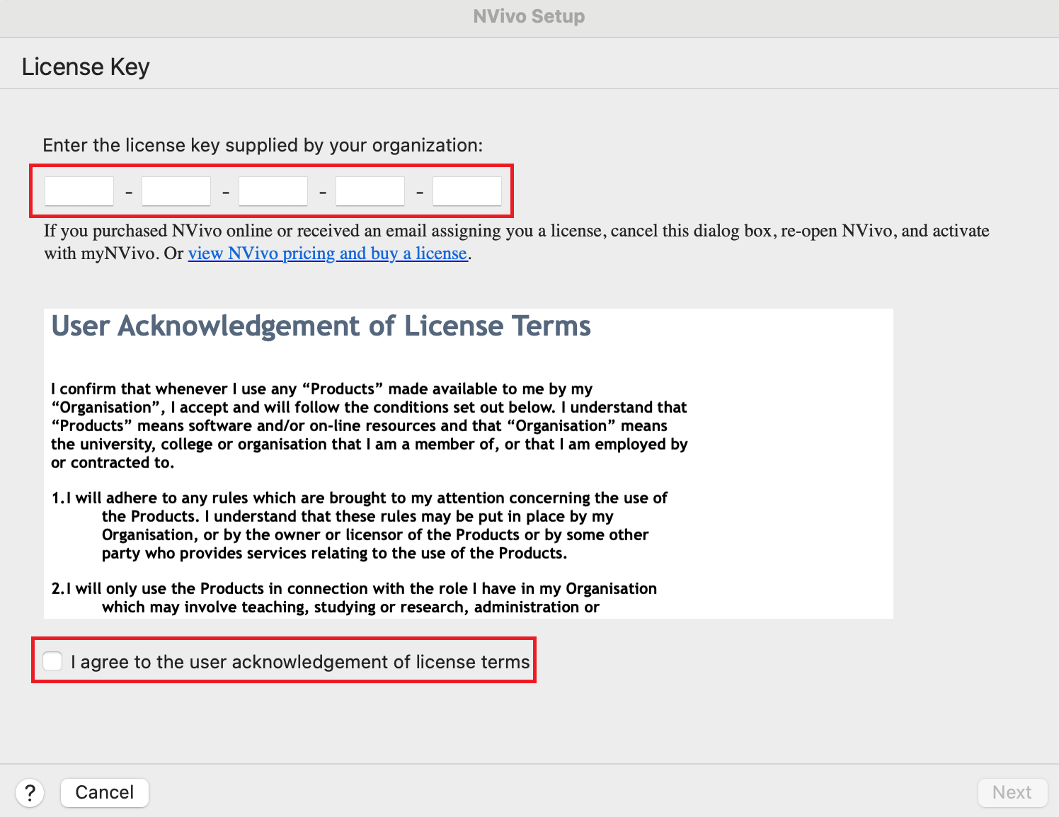 Nvivo License Terms with agreement option selected