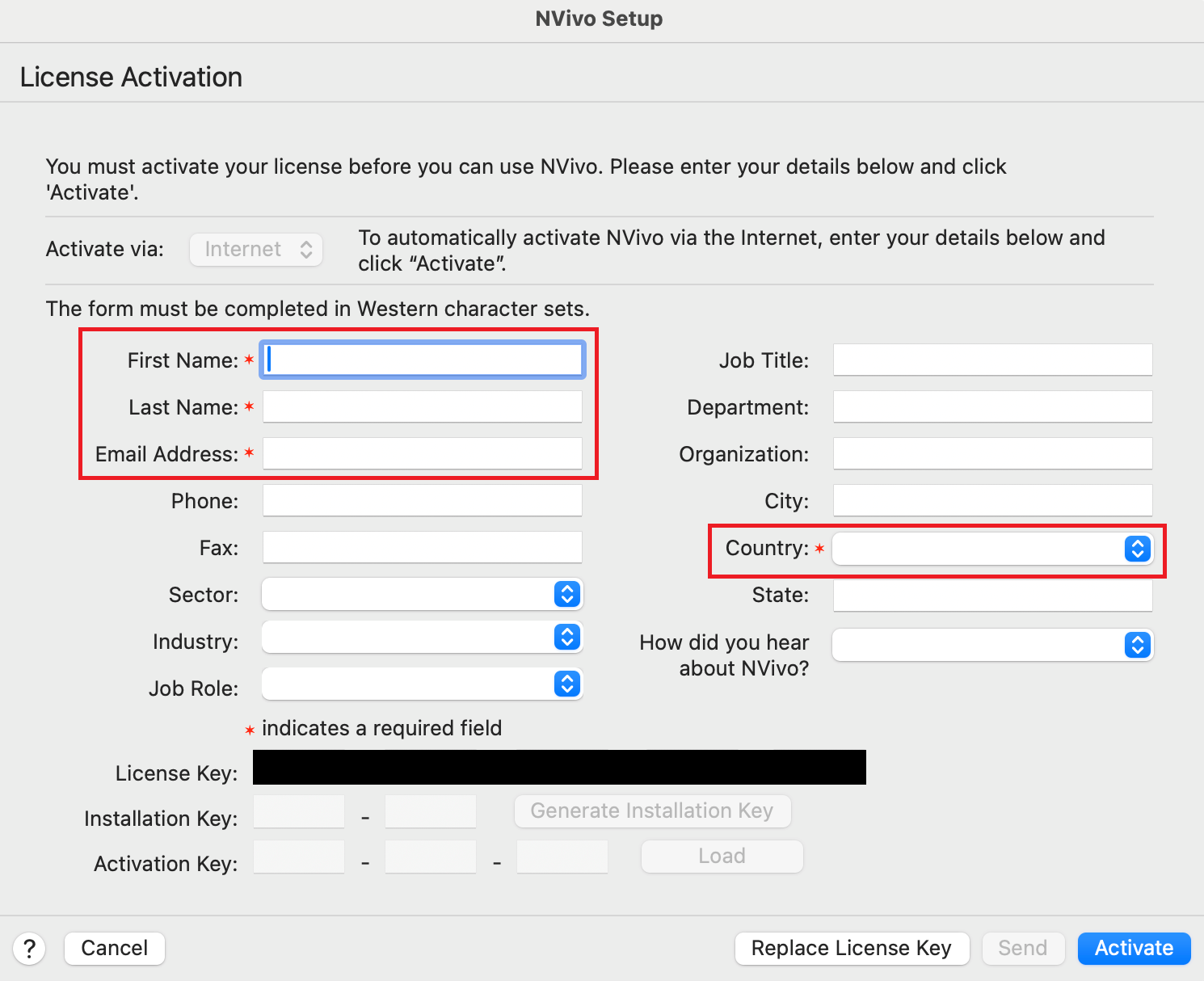 License Activation screen with First Name, Last Name, Email Address and Country highlighted