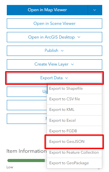Click 'Export Data', and then select 'Export to GeoJSON' from the dropdown