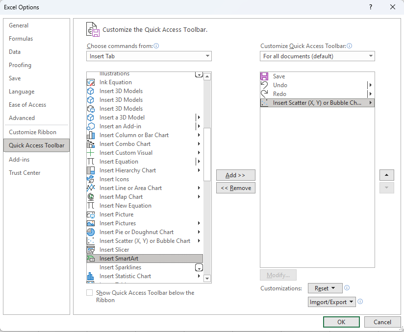 Customizing of the quick access toolbar