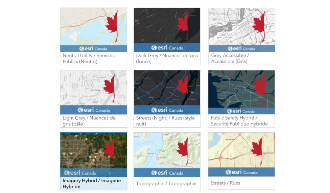 Thumbnail images of all available basemaps from Community Map of Canada featuring red maple leaves