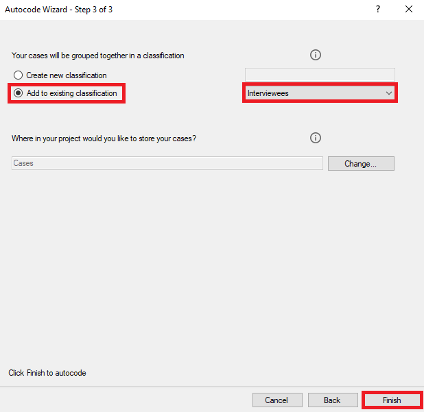 Auto Code Wizard Window with a red box around Add to Existing classification and finish.