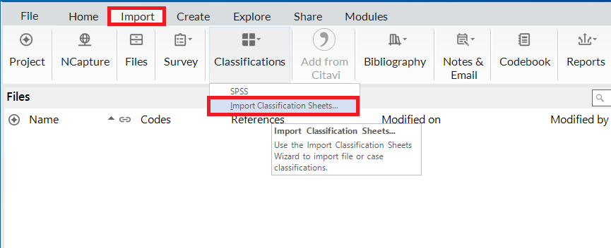 Red box around the Import Ribbon and the Import Classification Sheet button.