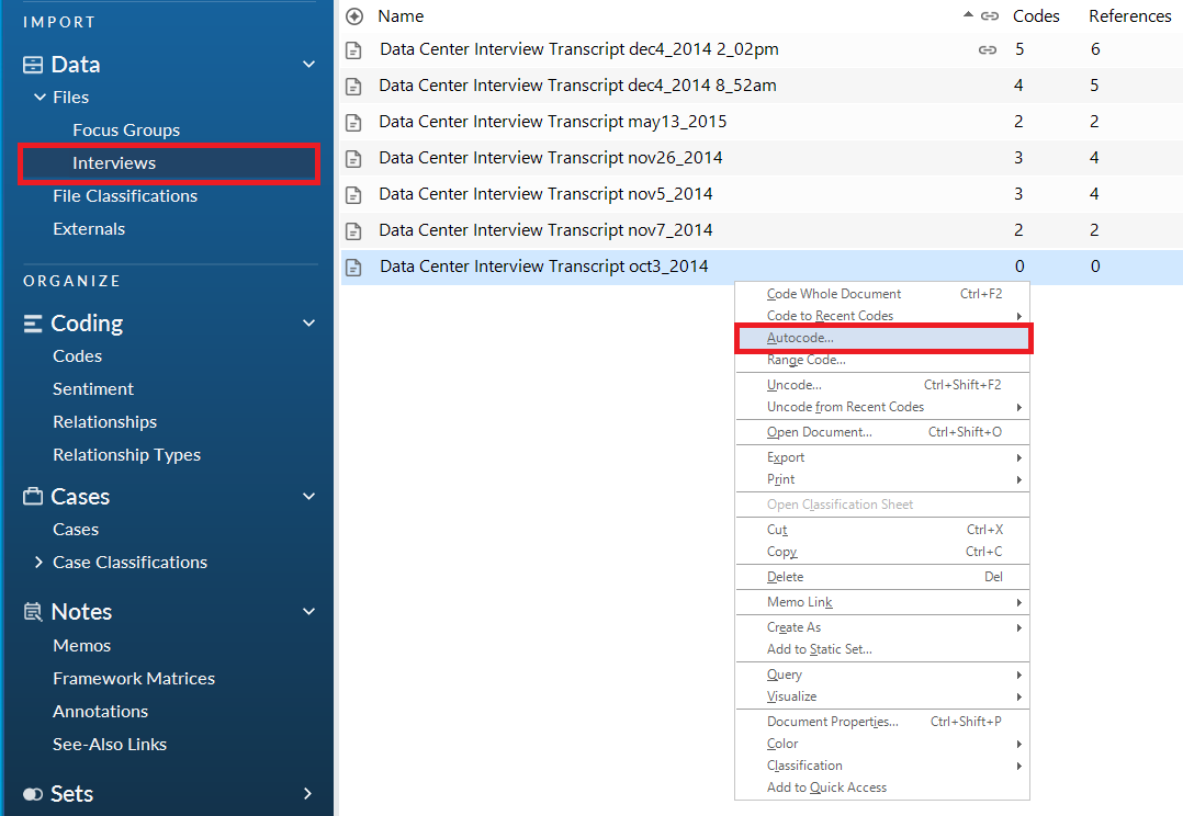 In the interviews folder, a context menu for the last transcript is open with Auto Code... highlighted.