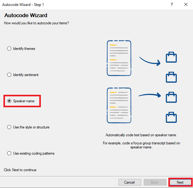 Auto Code Wizard Window with the Speaker name option selected and outlined in red. The Next button is highlighted.