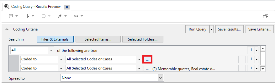 In the Coding Query Results Preview Window, a red box around the ellipses button for Any case where.