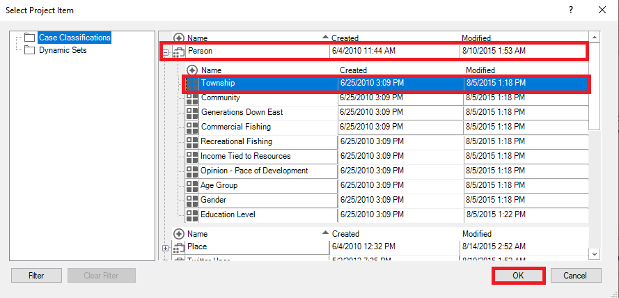 Select Project Items Window with the Case Classifications folder open and township outlined in red.