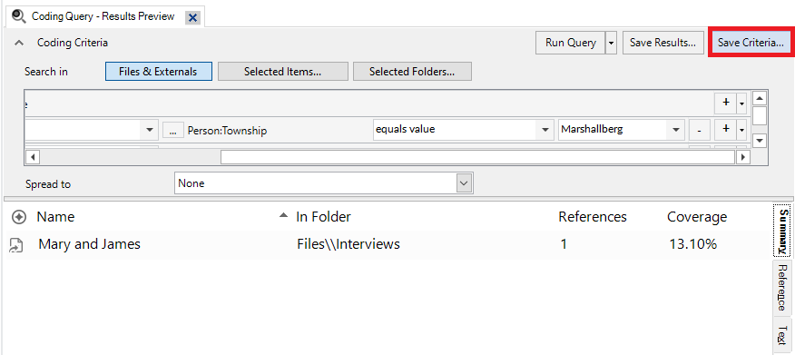 In the Coding Query Results Preview Window, a red box around Save Criteria