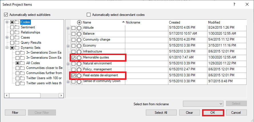 Select Project Items Window with the Nodes folder open and Memorable quotes and Real Estate development selected and outlined in red. Red box around OK.