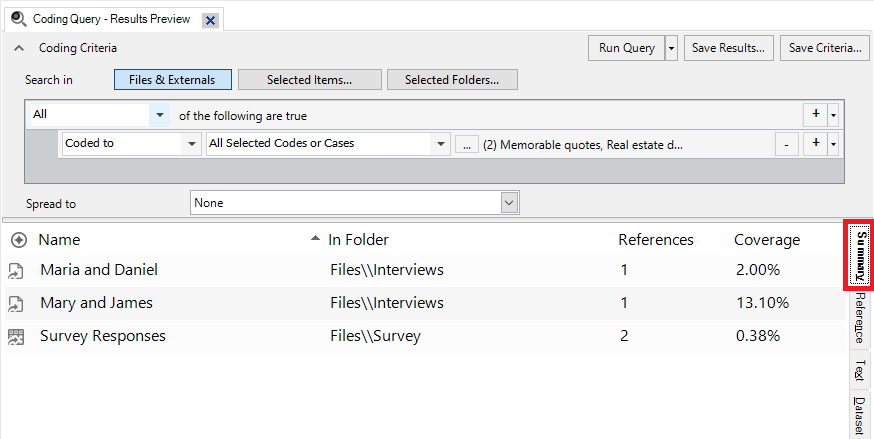 In the Coding Query window, a red box outlines the Summary tab.