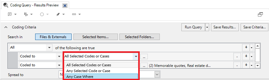 The code or case dropdown menu outlined in red with Any case where selected.