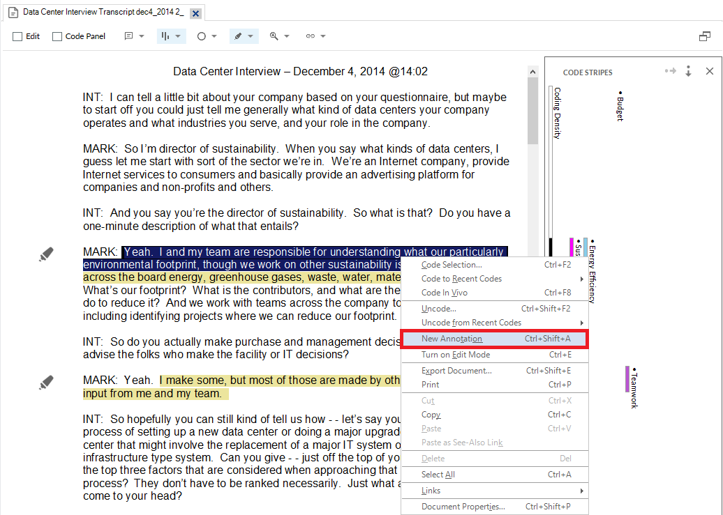 Some interview text selected, with an open context menu and a red box around New Annotation.