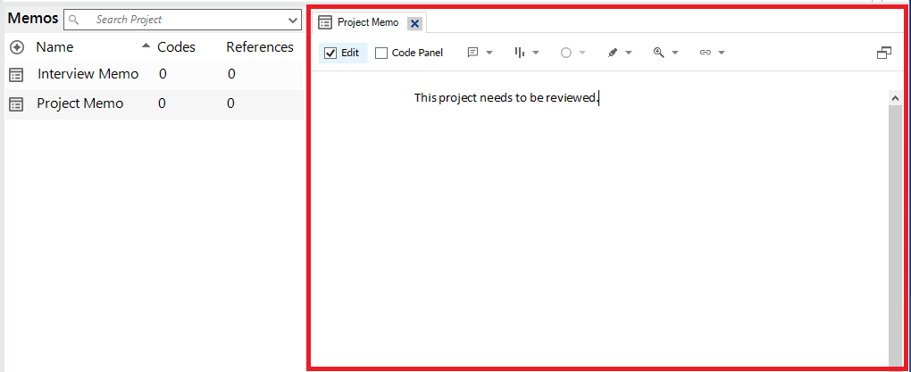 Red box around the Project Memo tab.