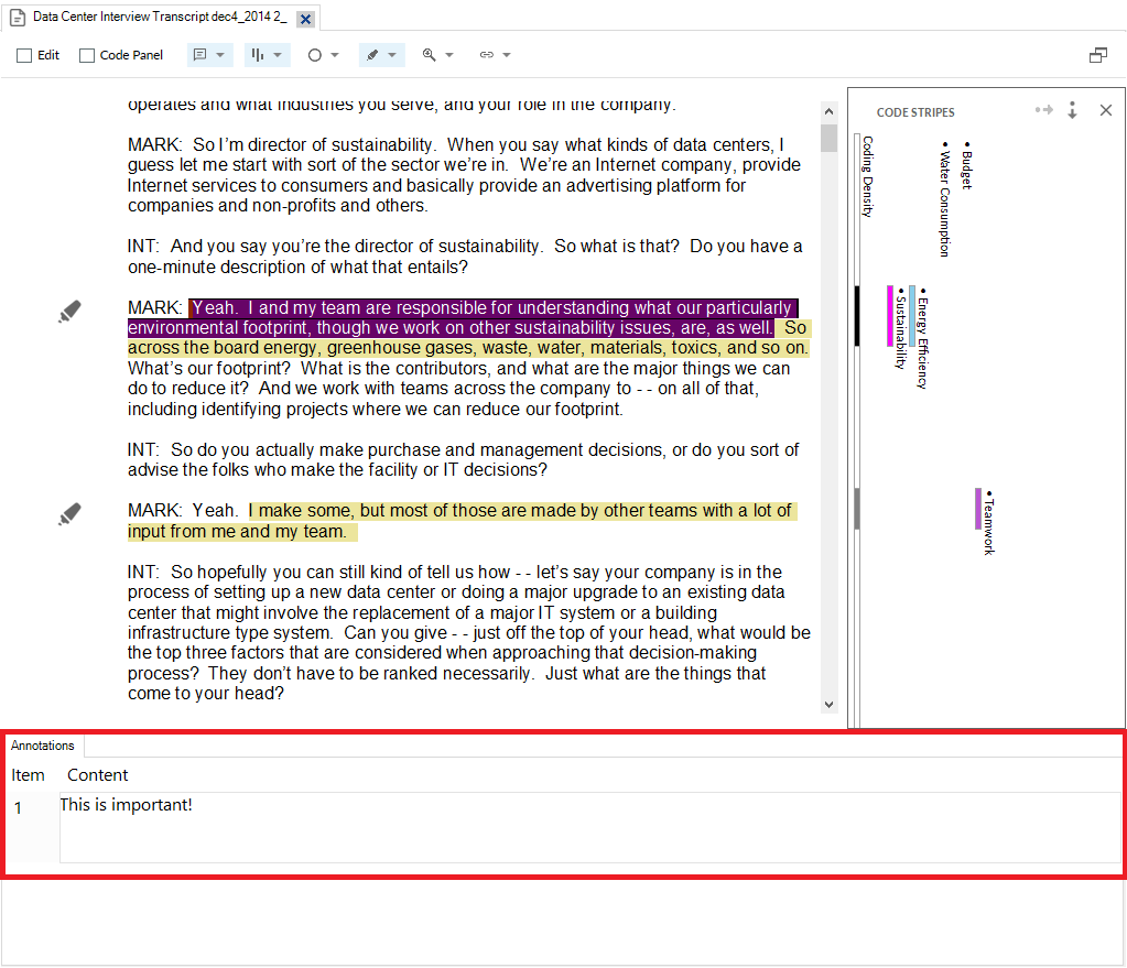 Interview text with an annotated text highlighted in blue and below a table with the annotation outlined in red.