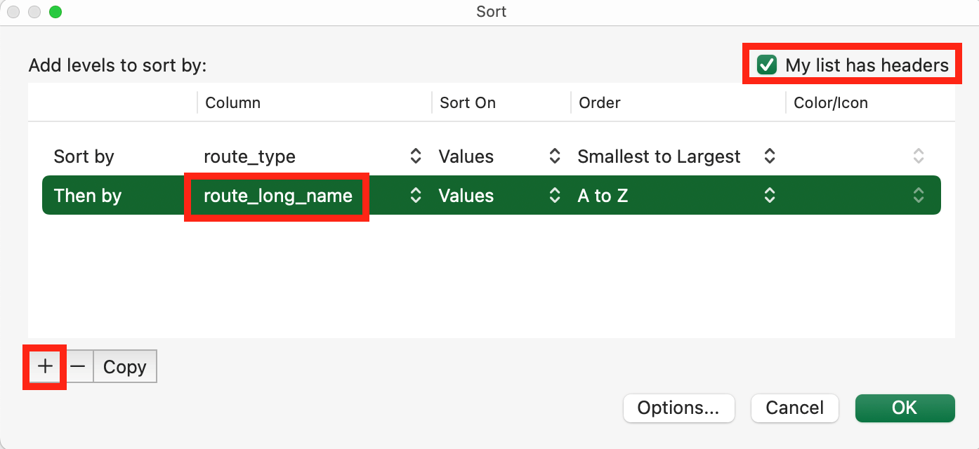 GUI that will then open. add level, checkmark 'my data has headers' and edit the column sorting