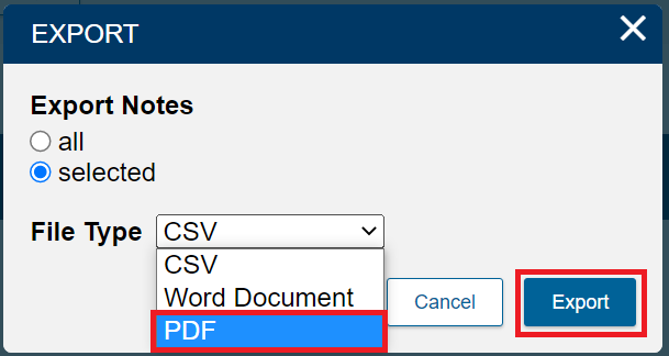 File type dropdown menu with CSV, word doc, PDF