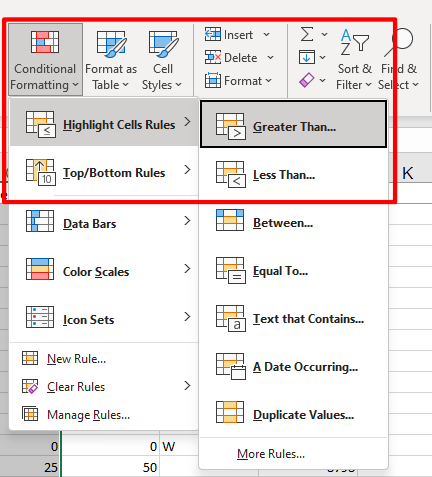 Conditional formatting in the ribbon is highlighted