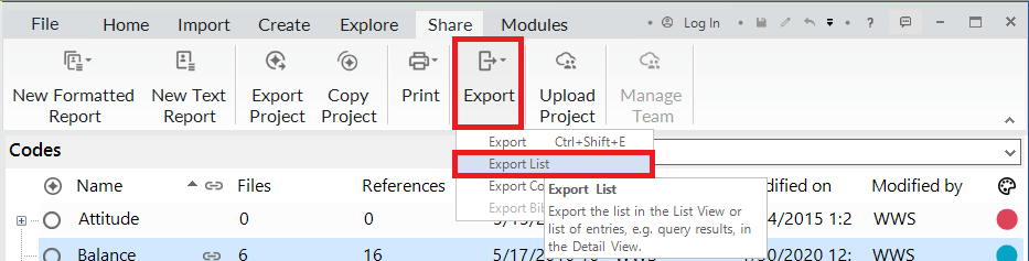 In the top Ribbon, under the Share tab, a red box around Export and Export List.