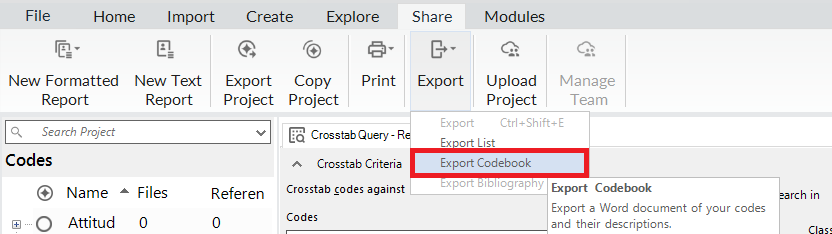 In the top Ribbon, under the Share tab, a red box around Export Codebook.