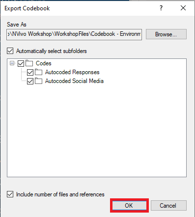 Export Codebook window with a red box around OK.