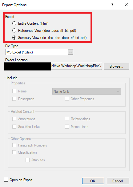 Export Options window with a red box around the export options and with Summary View selected.