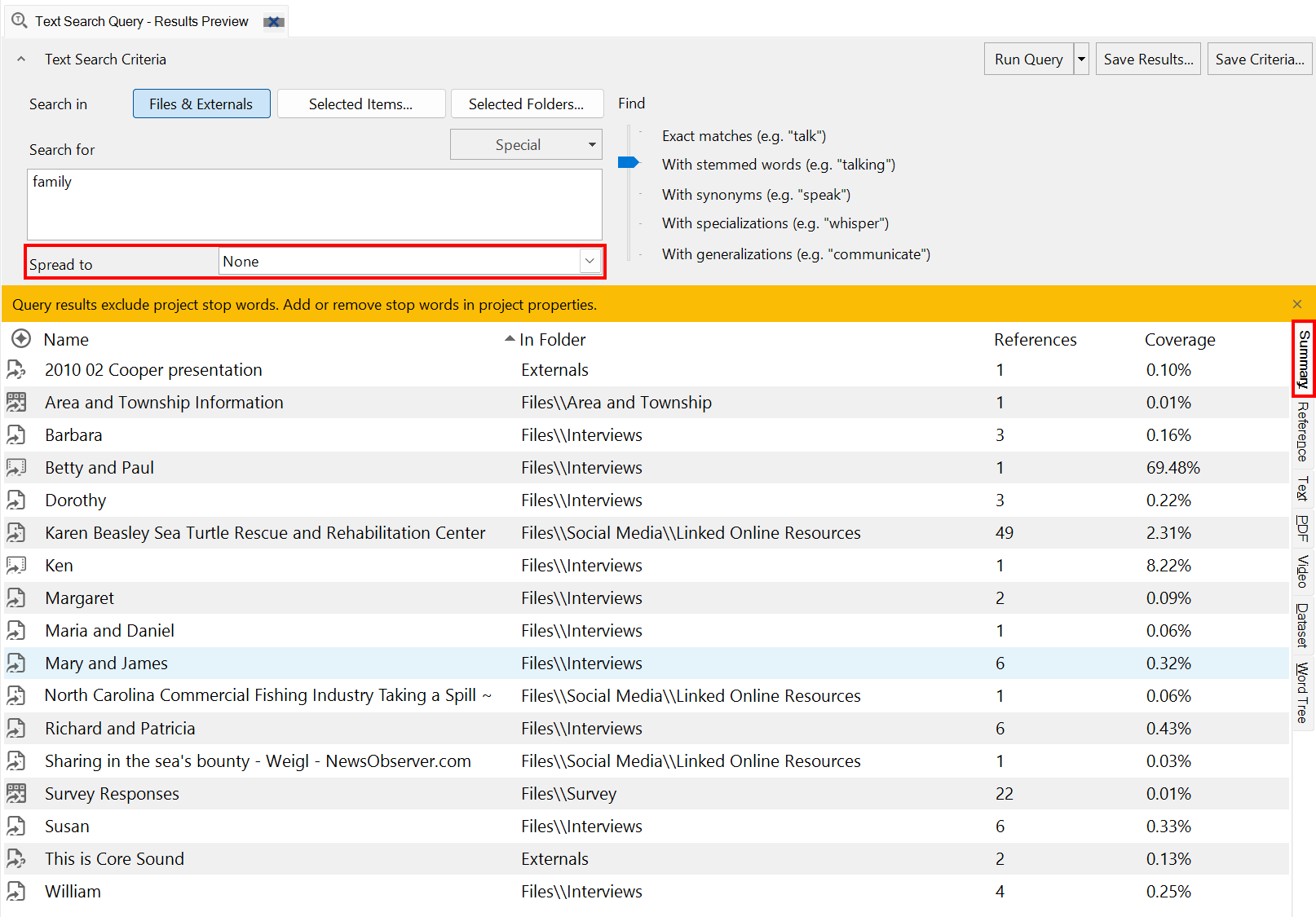 NVivo text search interface showing Summary tab on right and Spread to drop-down highlighted.