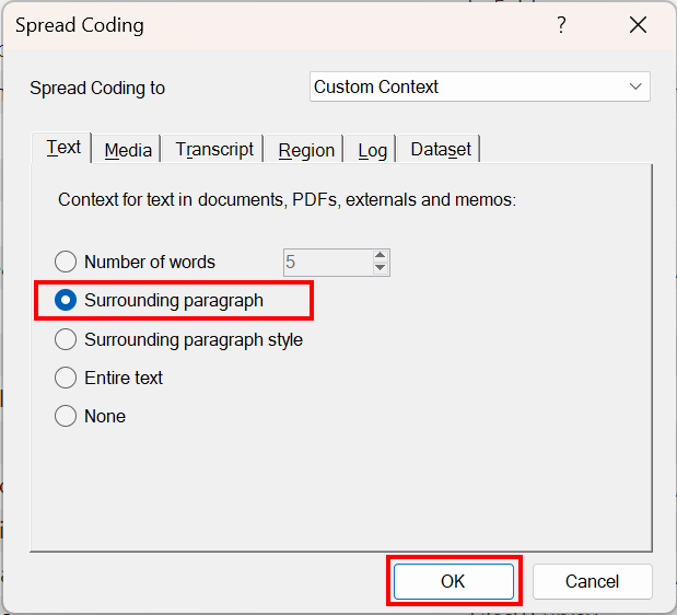 Surround paragraph option and OK button are highlighted in Spread Coding pop-up window.