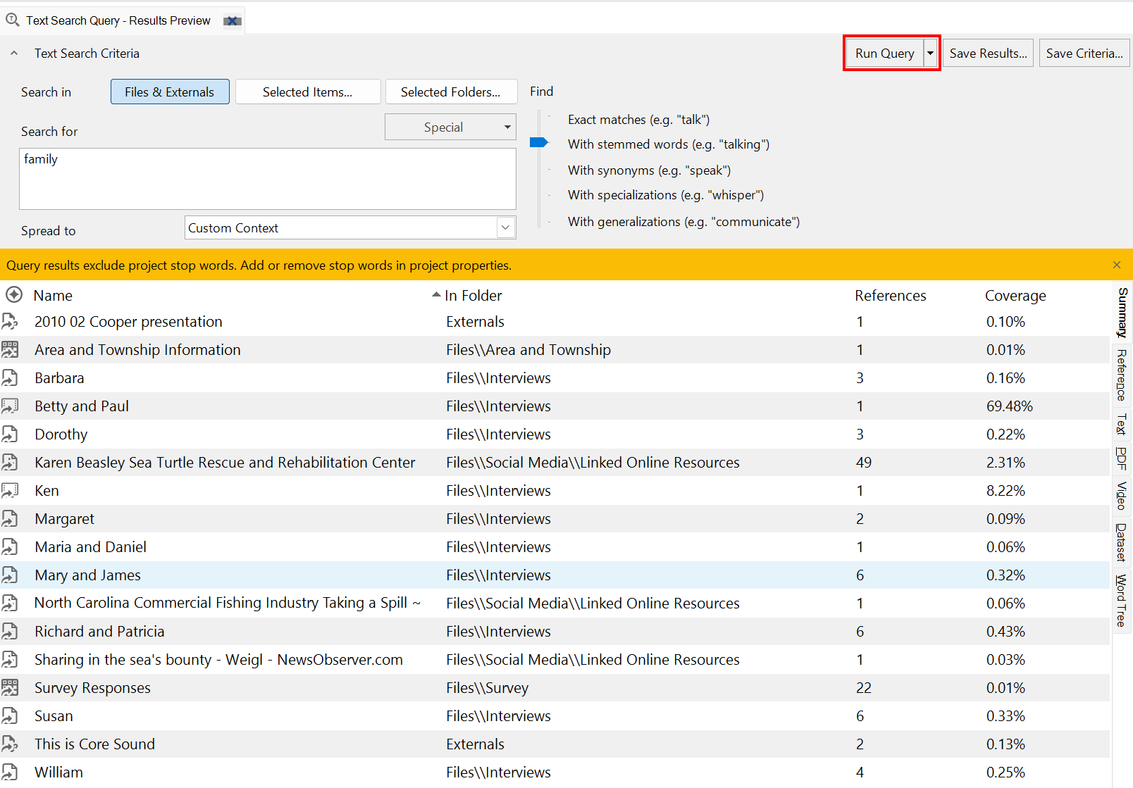 NVivo text search interface with the run query button highlighted.