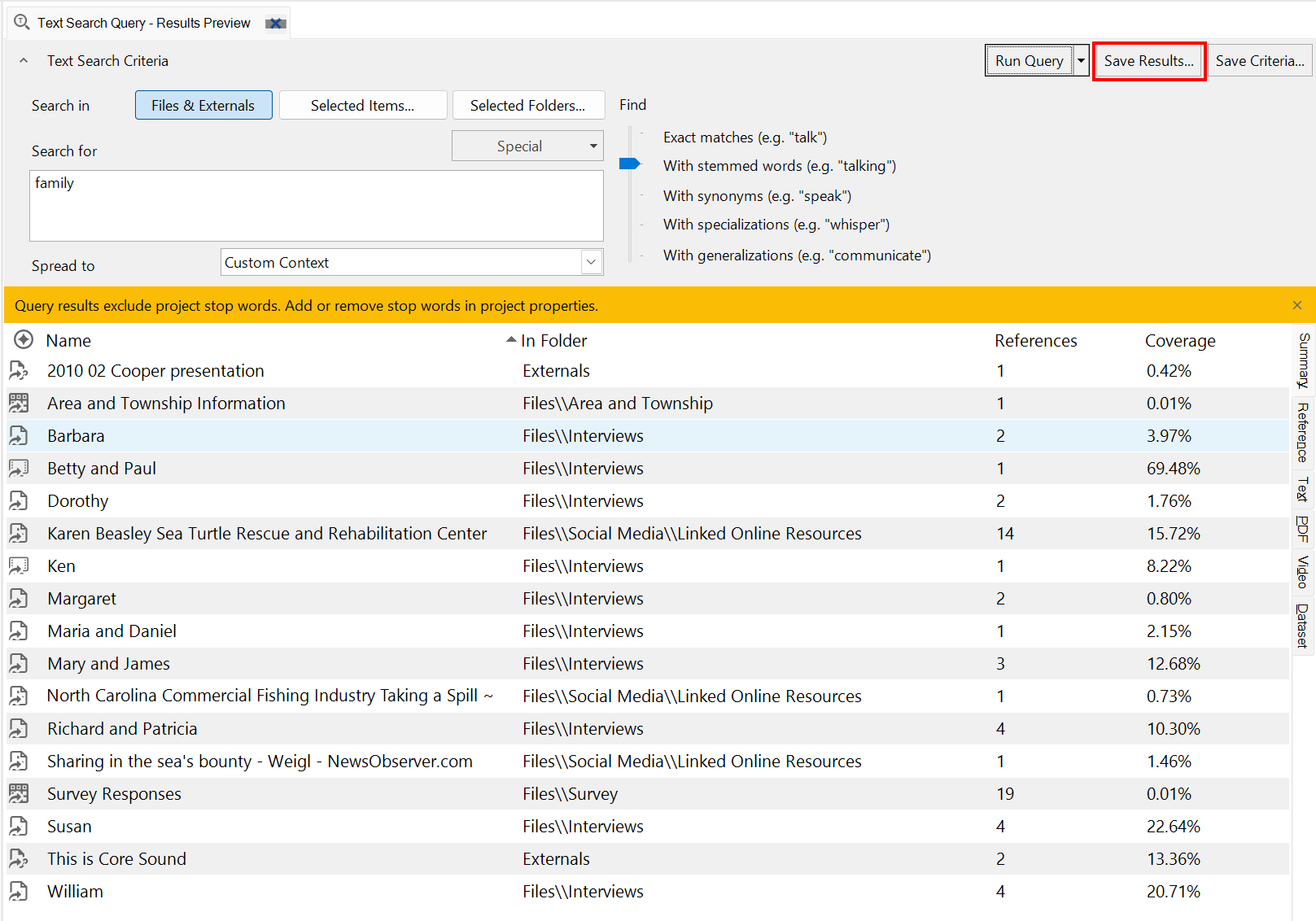 NVivo text search interface with Save Results... button highlighted.