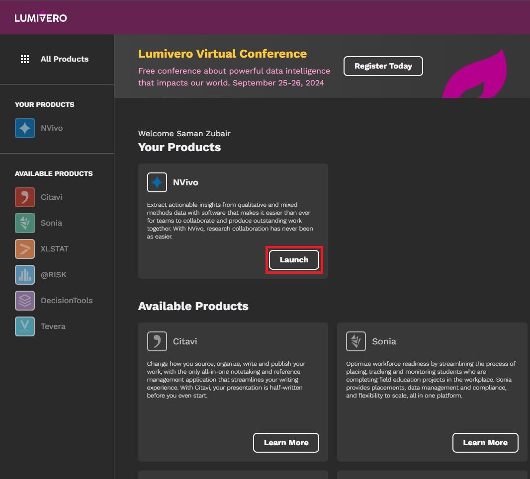 Lumivero homepage with Launch highlighted under Your Products: NVivo