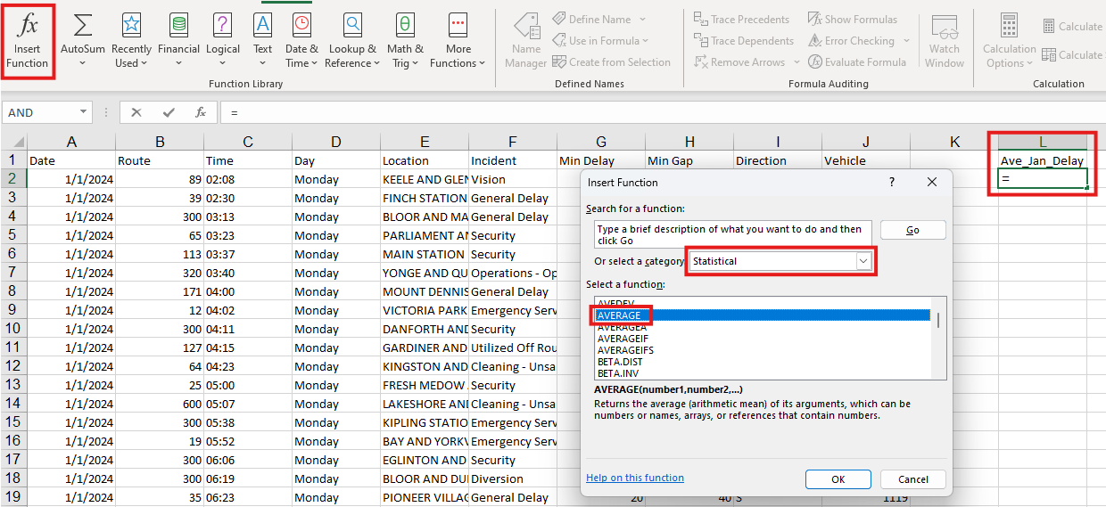 Cell L2, insert function button, category as statistical, function is average