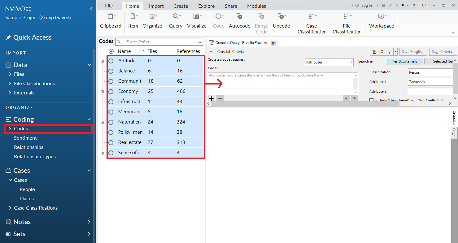 In the left menu, under Coding, a red box around the Codes folder. Under Codes, all codes are selected and outlined in red, with an arrow pointing to the codes field of the Crosstab Query window.