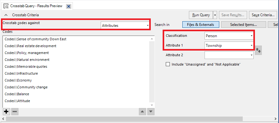 In the Crosstab Query Window, Crosstab codes against is set to Attributes, Classification is set to person, and Attribute 1 is set to Township. A red box outlines these three settings.