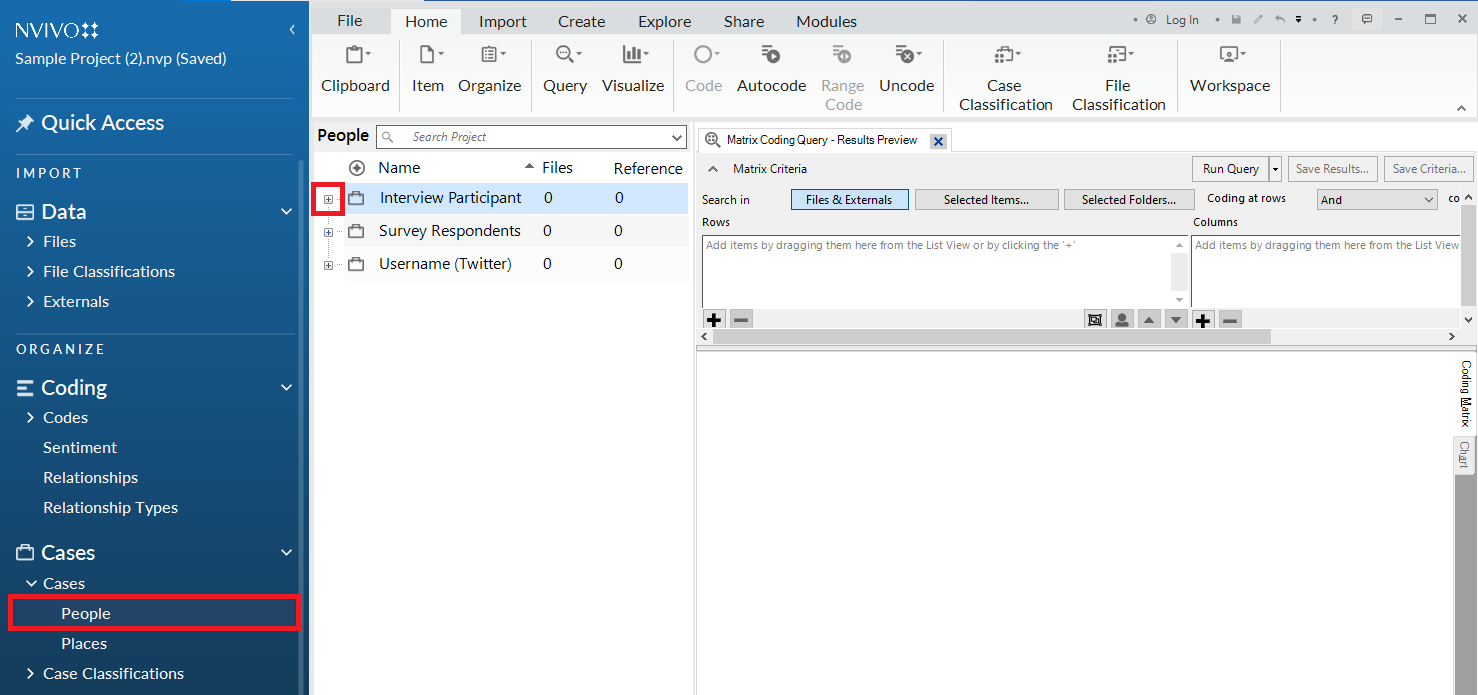 In the left menu, under Cases, a red box around the People folder. In the People folder, a red box around the expand button for Interview Participants.