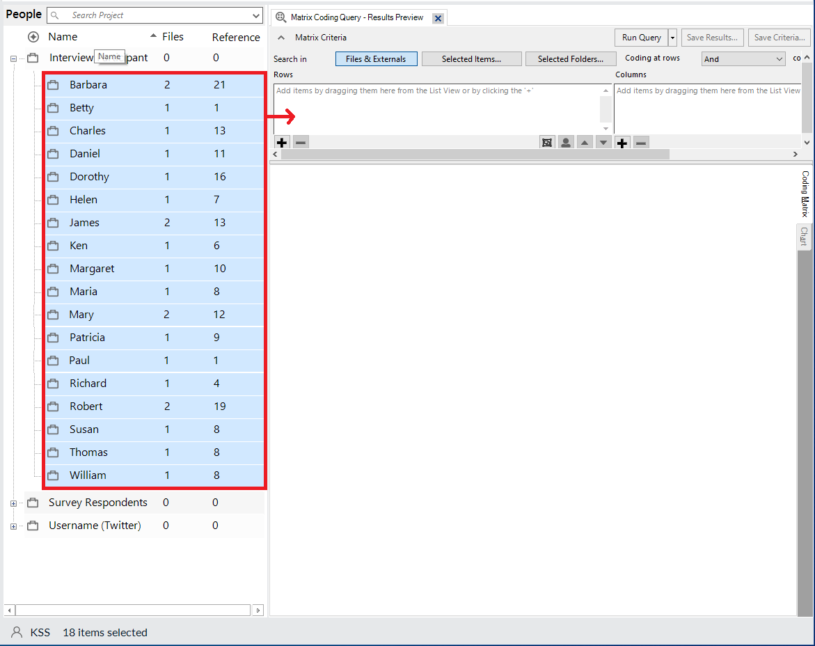 Under Interview Participants, all cases are selected and outlined in red, with an arrow pointing to the Rows field of the Matrix Coding Query window.