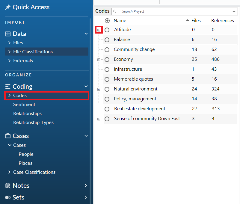 In the left menu, under Coding, a red box around the Codes folder. In the Nodes folder, a red box around the expand button for Attitude.