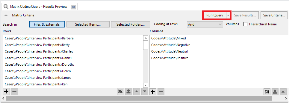 In the Matrix Coding Query Results Preview Window, a red box around Run Query.