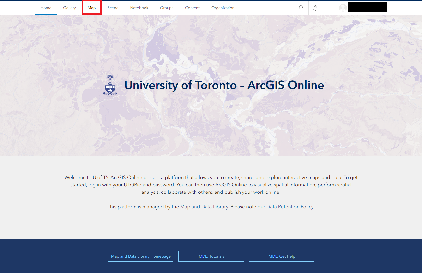 ArcGIS Online University of Toronto homepage. There is a red box around the Map button. 